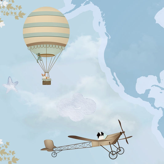 Blue Map Design Wallpaper for Kids Room with Gliders & Hot Air Balloons