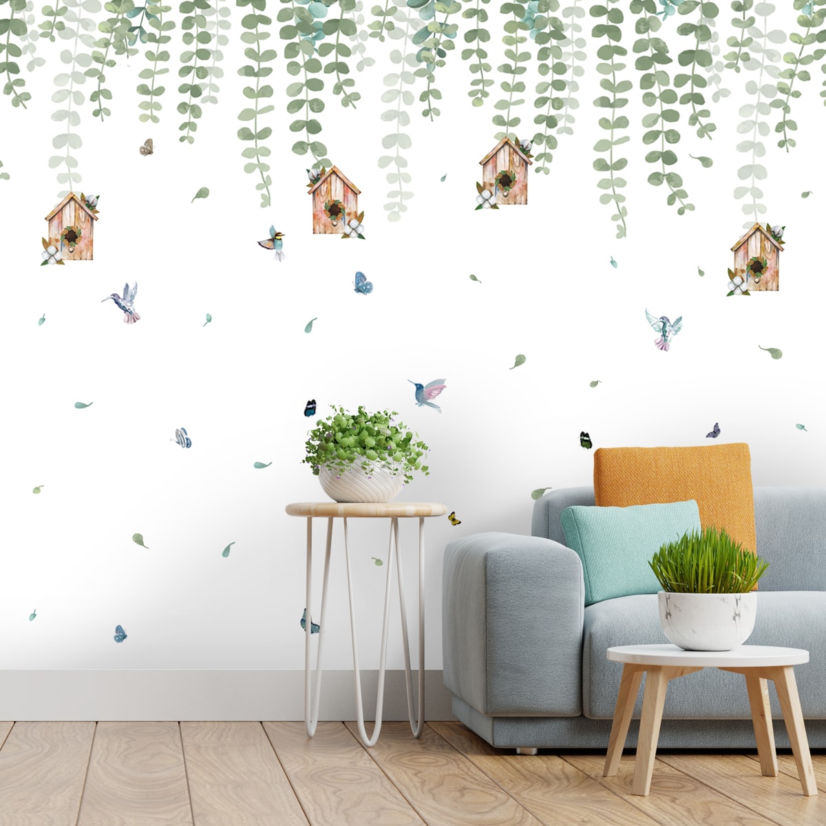 Bird House in Hanging Leaves Pattern Wallpaper, Customised