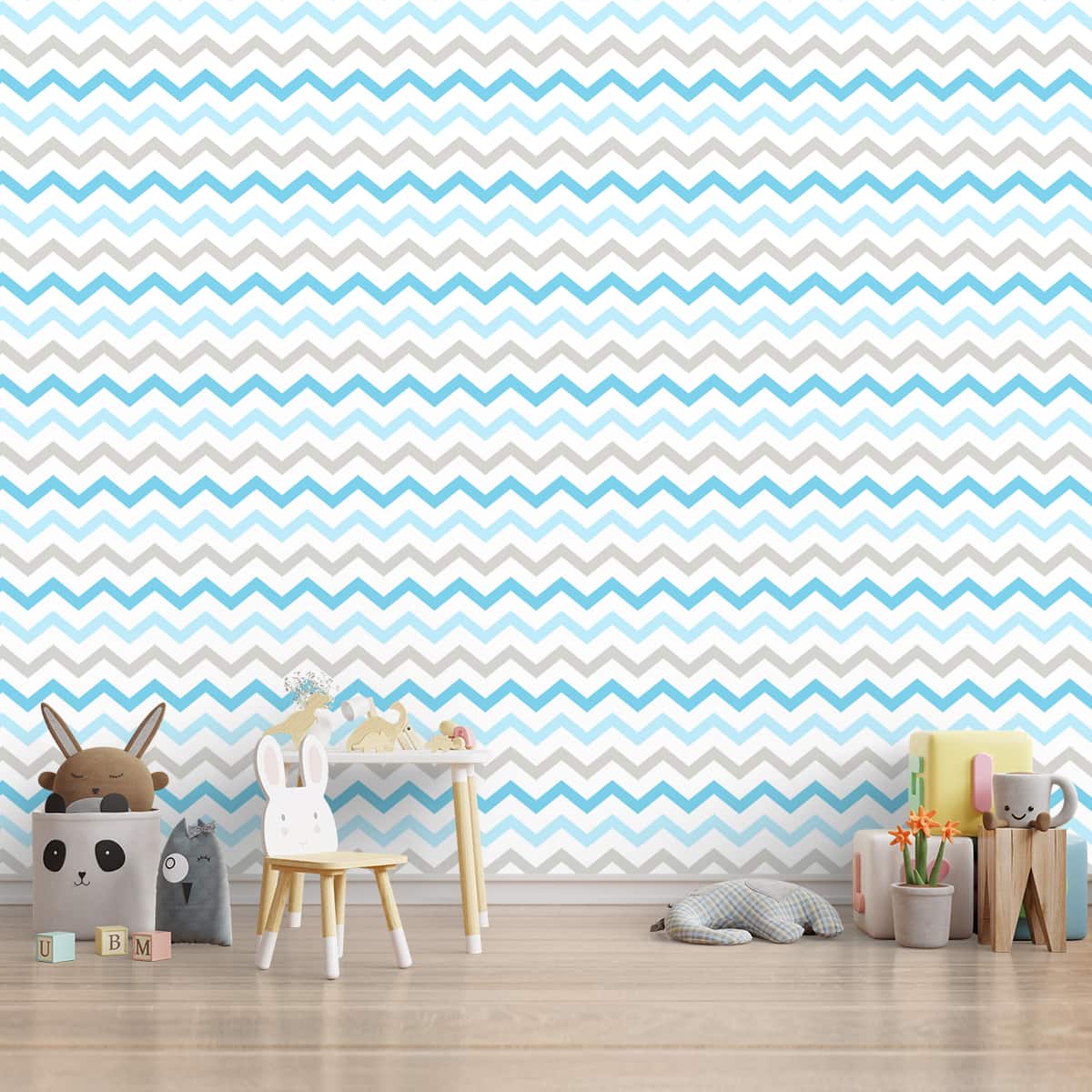Blue and Grey Chevron Wallpaper for Kids Room, Customised Design