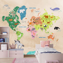 Colourful Animals Theme Kids Room World Map Wallpaper