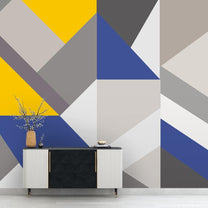 Modern Large Geometric Pattern, Blue Yellow and Grey Wallpaper