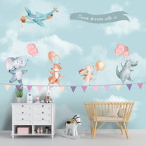 Animals with Balloon on Rope, Kids Room Wallpaper, Customised