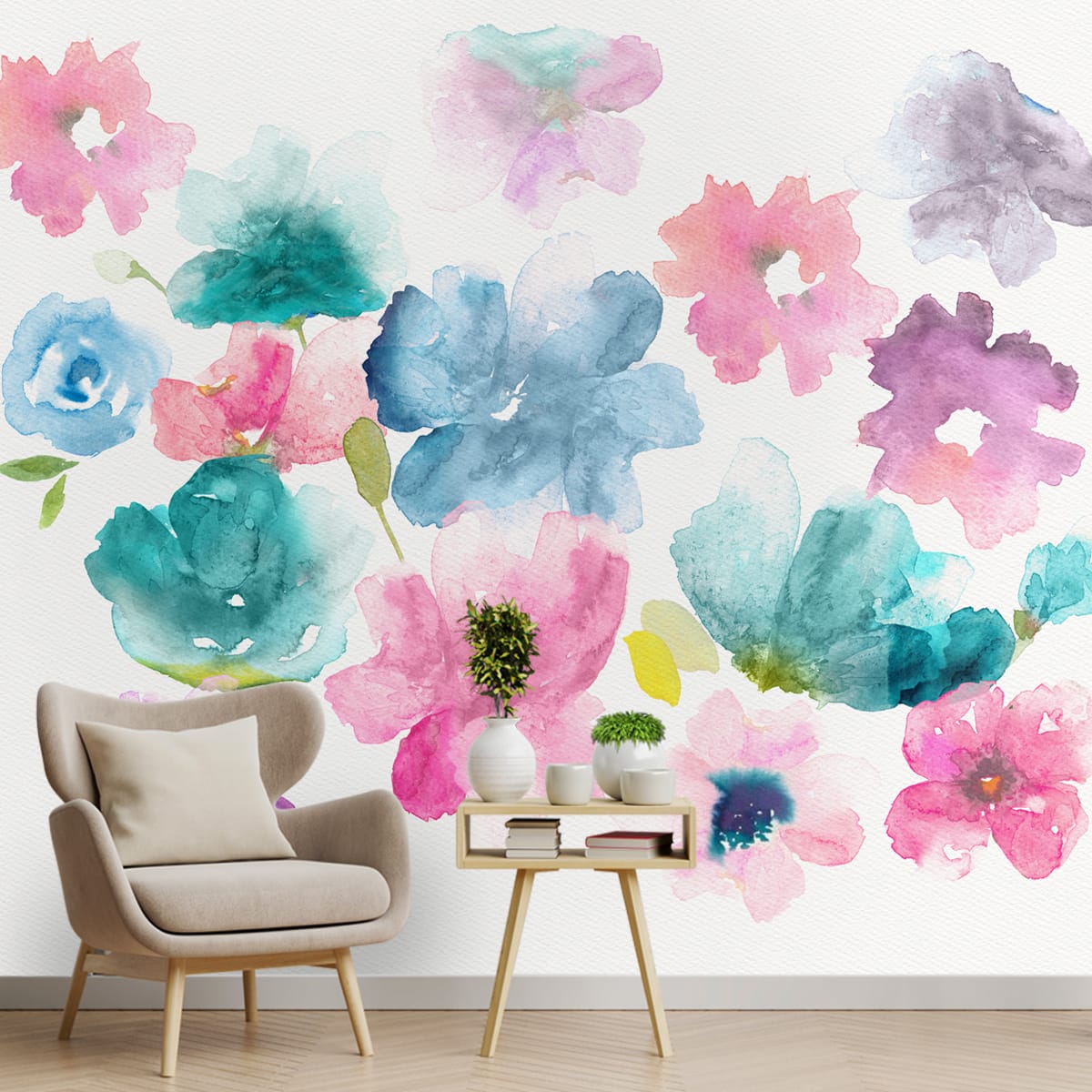 Big Flowers in Water Color Painted Style, Room Wallpaper, Customised