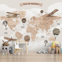 Wall Size World Map, Beige, Gliders and Balloons, Kids Room Wallpaper