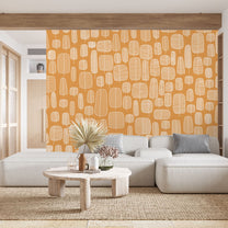 White Abstract Leaves in Orange Background, Room Wallpaper