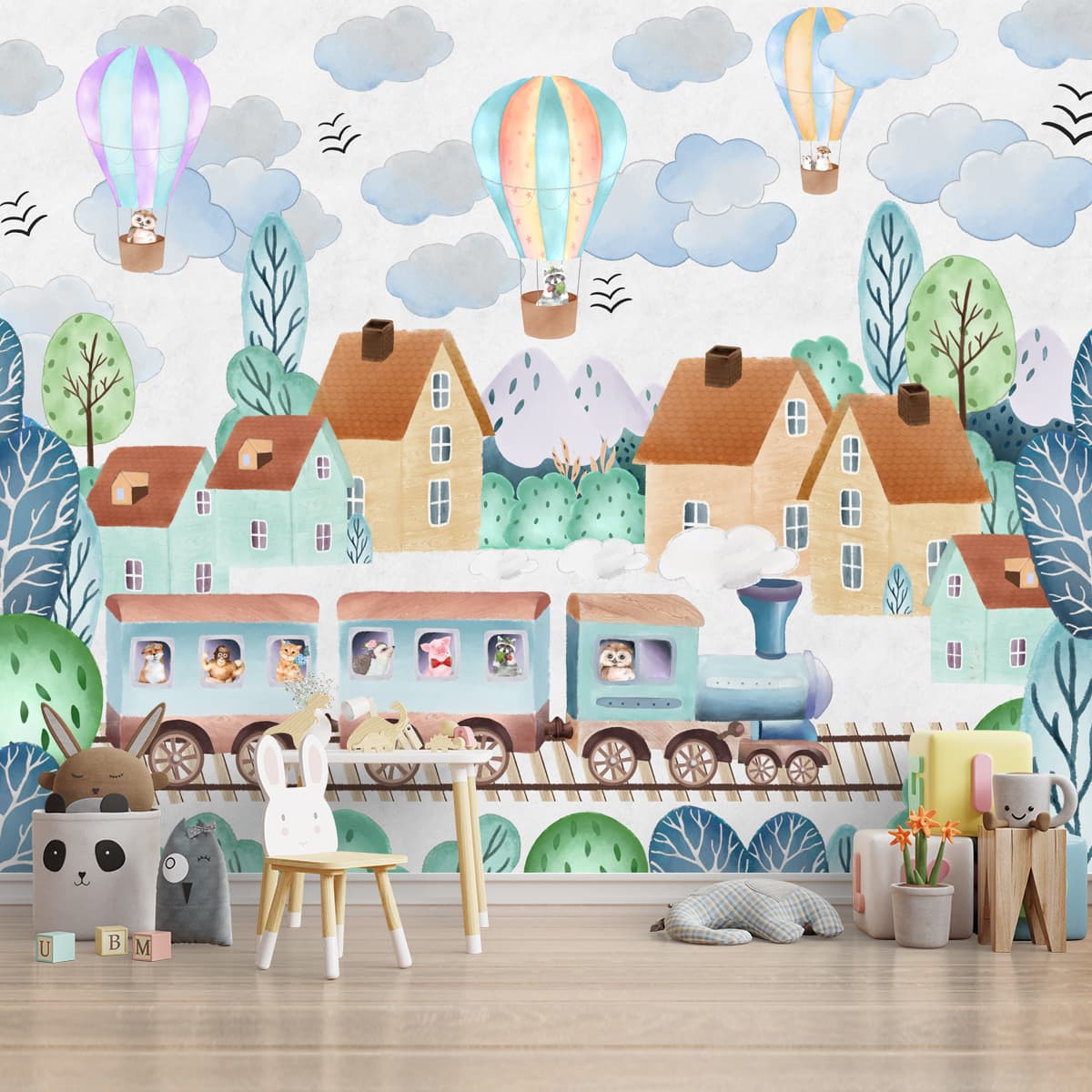 Around the Town, Cute Train Wallpaper Design for Kids
