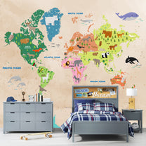 Colourful Animals Theme Kids Room World Map Wallpaper