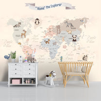 Light Brown Map Design Wallpaper for Kids Room with Animals, Personalised