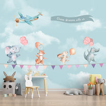 Animals with Balloon on Rope, Kids Room Wallpaper, Customised