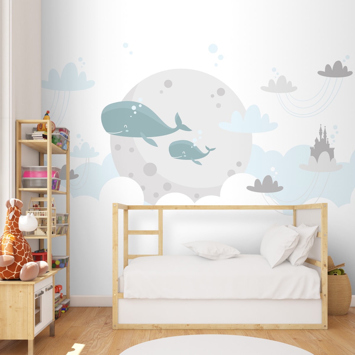 Whales in Fairy Land Setting, Cute Nursery Room Wallpaper