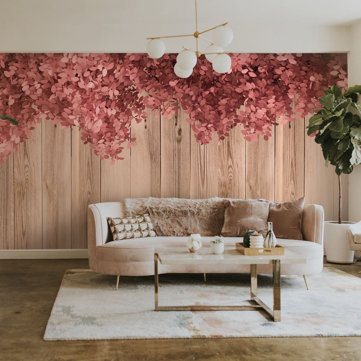3D Pink Floral Wallpaper on Wooden Wall Look ,Customized Wallpaper