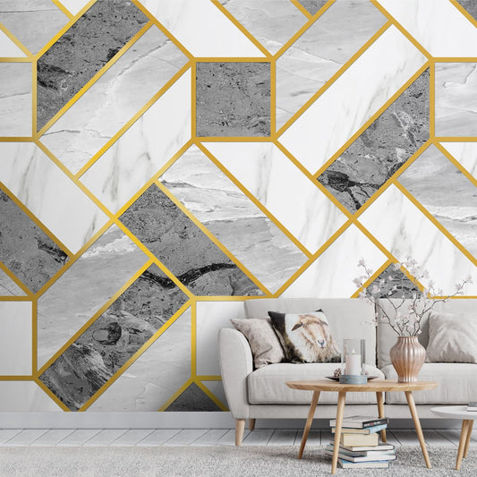 Golden Stripes with White Marble Texture Design Wallpaper, Customised