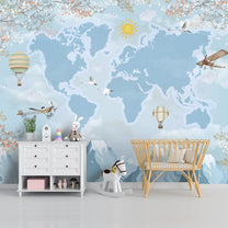 Blue Map Design Wallpaper for Kids Room with Gliders & Hot Air Balloons