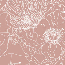 Flower Drawn in Line Art Patten on Pink Background, Room Wallpaper, Customised