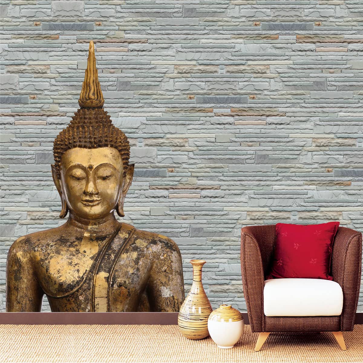 Bronze Buddha on Slate Background Wallpaper for Room Walls, Customised