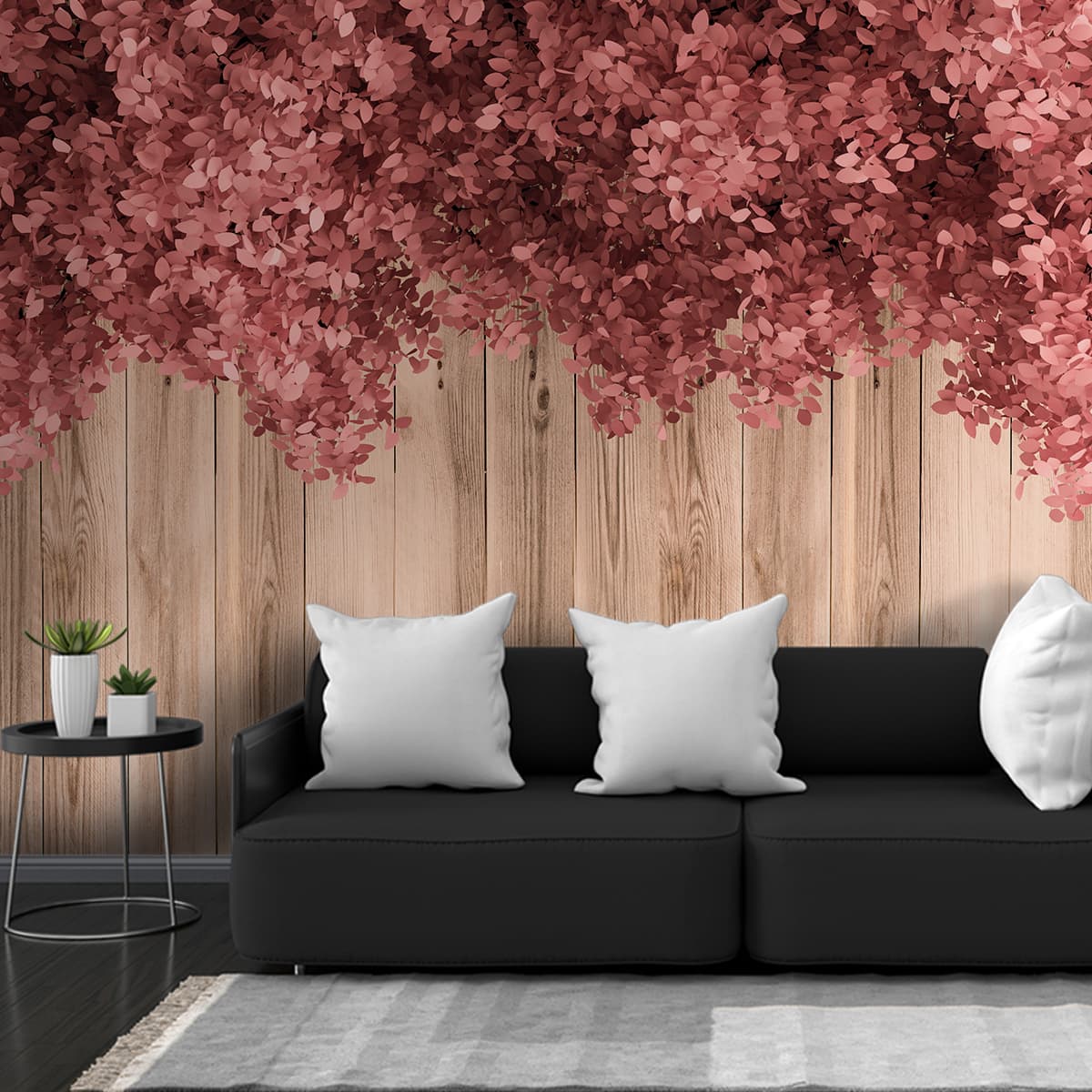 3D Pink Floral Wallpaper on Wooden Wall Look
