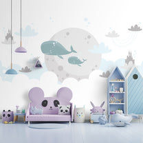 Whales in Fairy Land Setting, Cute Nursery Room Wallpaper
