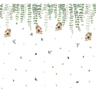 Bird House in Hanging Leaves Pattern Wallpaper, Customised