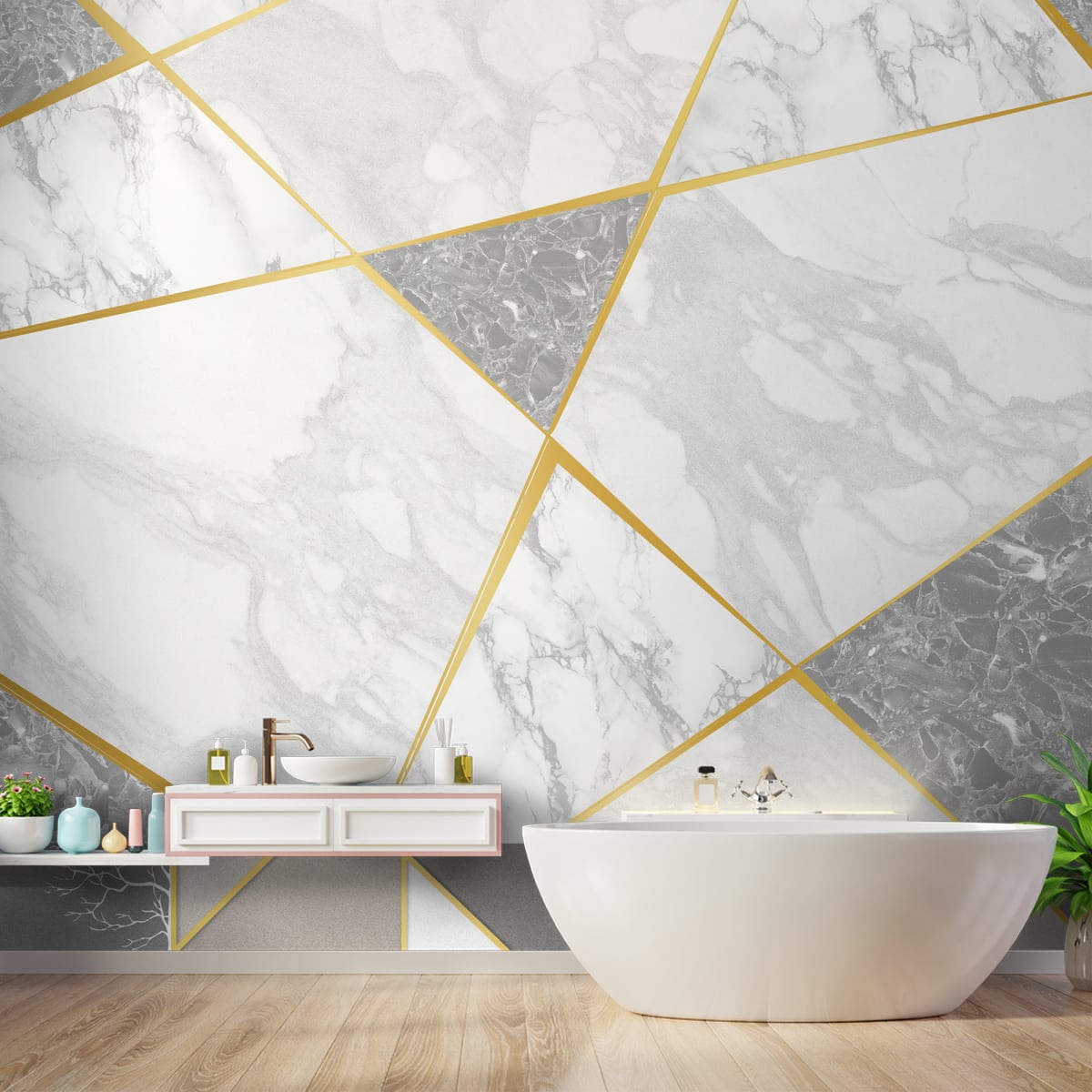 Golden Strips with Natural Marble Wall Wallpaper, Customised