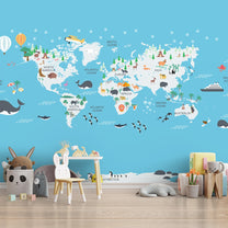 Young Kids Rooms Cute World Map, Blue Ocean and Cute Animals