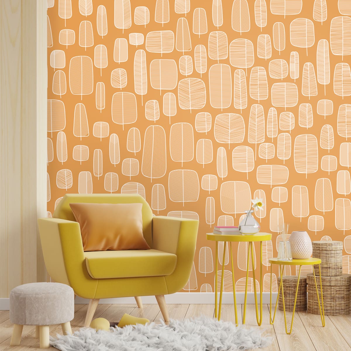 White Abstract Leaves in Orange Background, Room Wallpaper