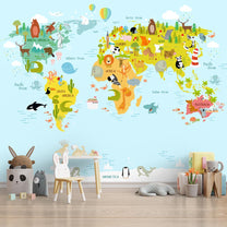 Kids World Map Wallpaper with Animals
