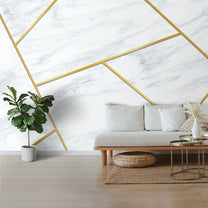 White Marble Design with Golden Stripes Wallpaper