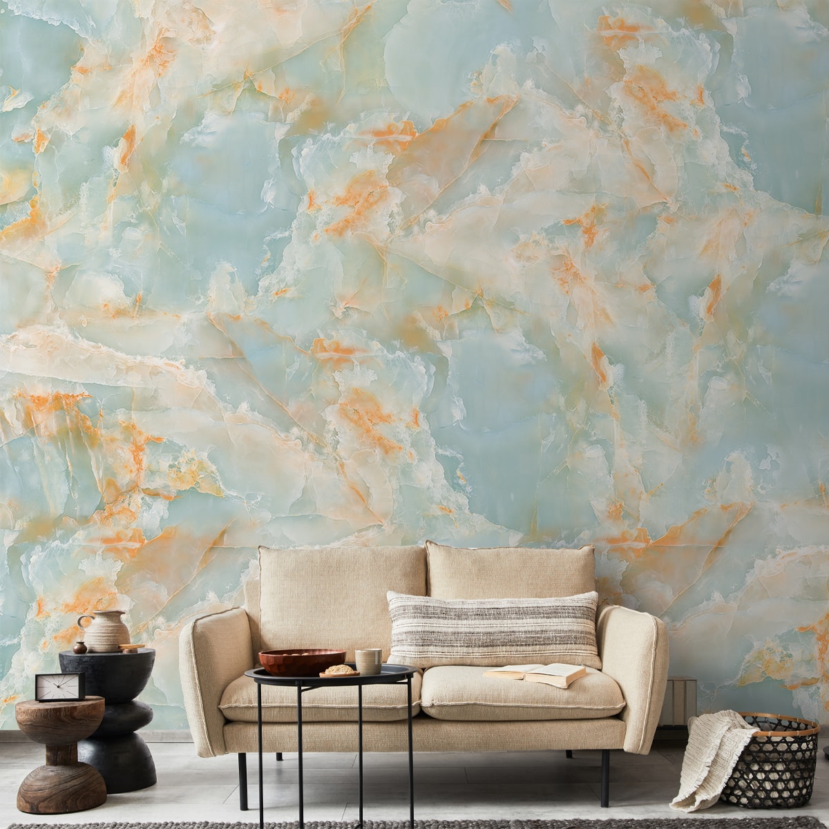 Marble Design Wallpaper for Rooms, Green and Orange