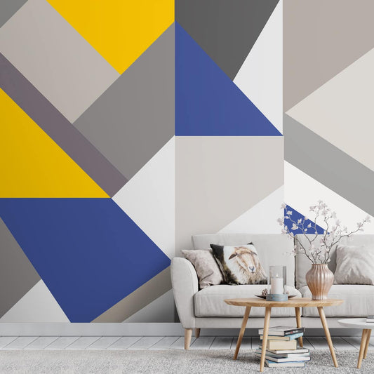 Modern Large Geometric Pattern, Blue Yellow and Grey Wallpaper