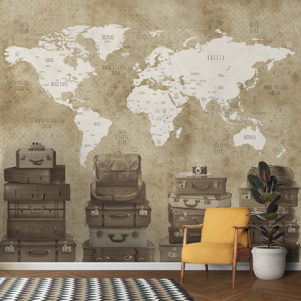 Vintage Travel Theme World Map Wallpaper for Walls