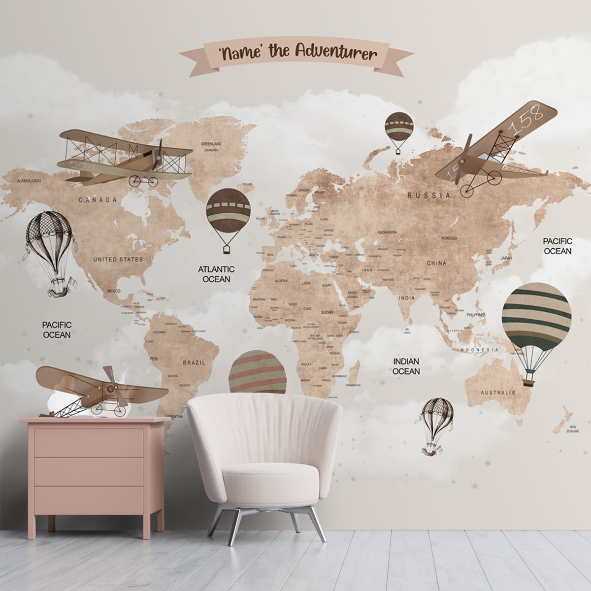 Wall Size World Map, Beige, Gliders and Balloons, Kids Room Wallpaper