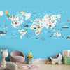 Zimmer für junge Kinder Niedliche Weltkarte, blauer Ozean und niedliche Tiere