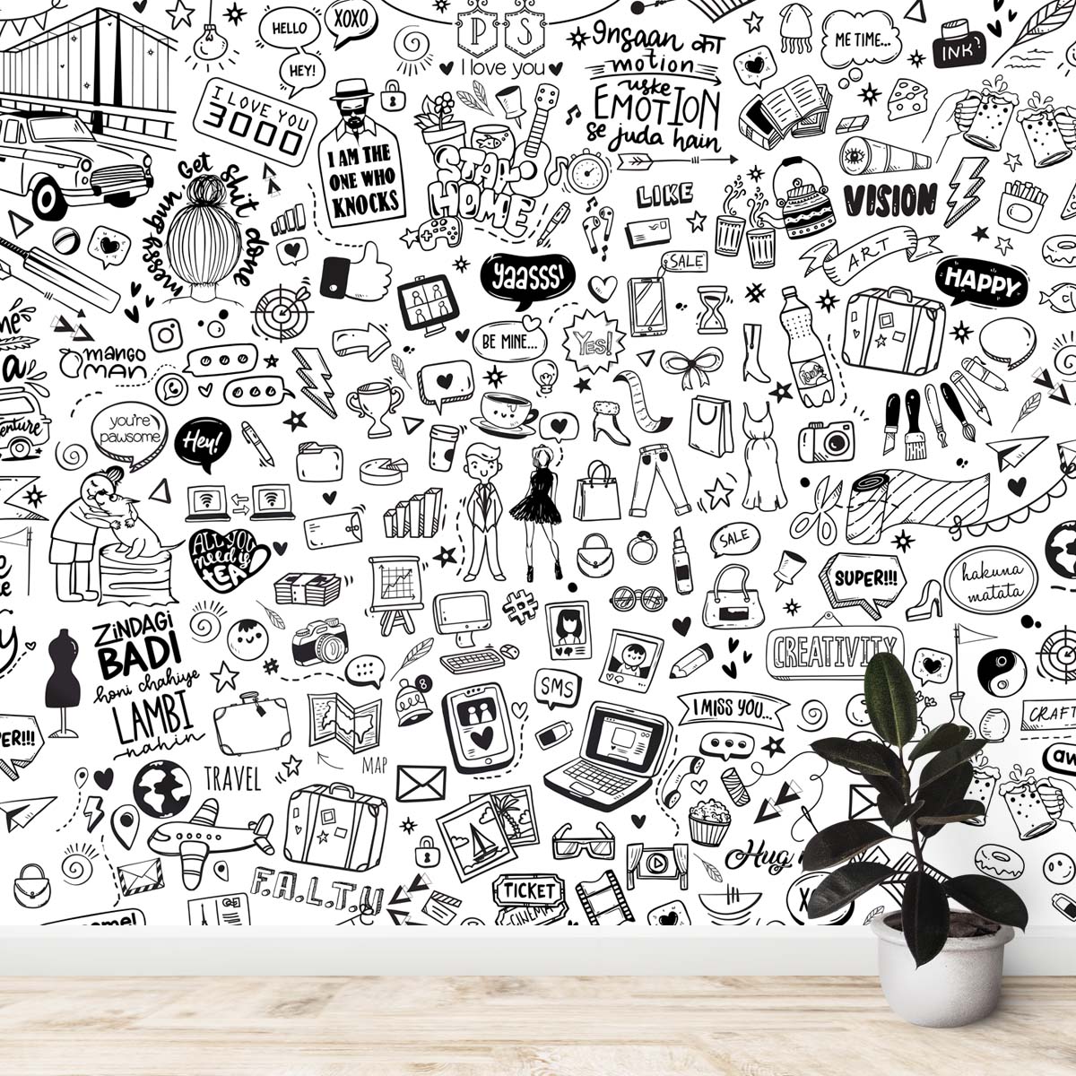 Doodle Art Wallpaper for Walls, Funky Elements