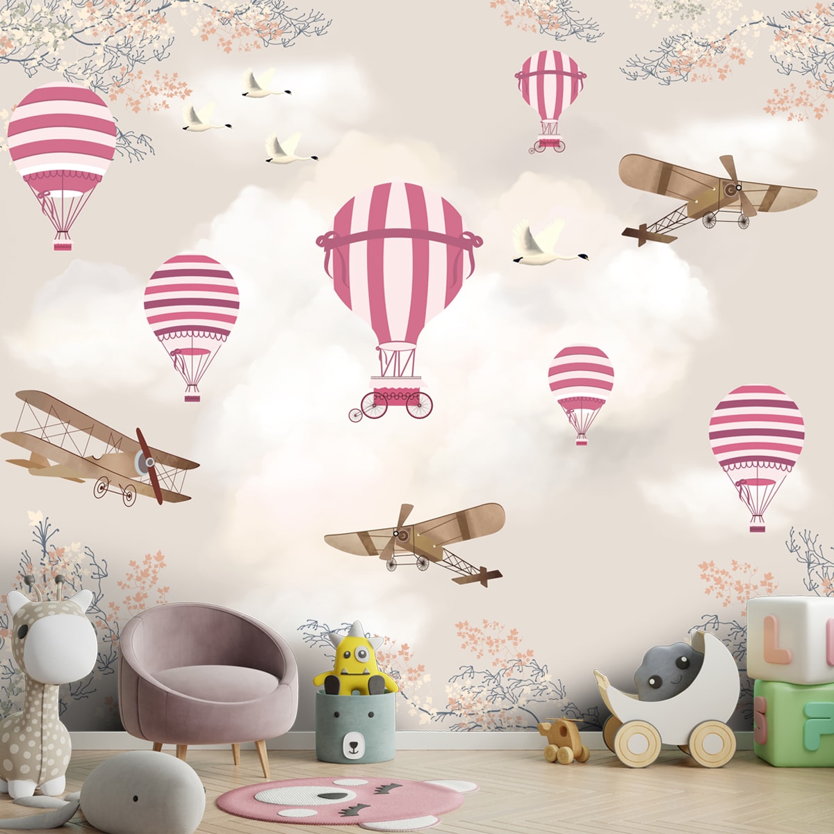 Hot Air Balloons with Gliders Wallpaper for Kids Room Wall, Pink