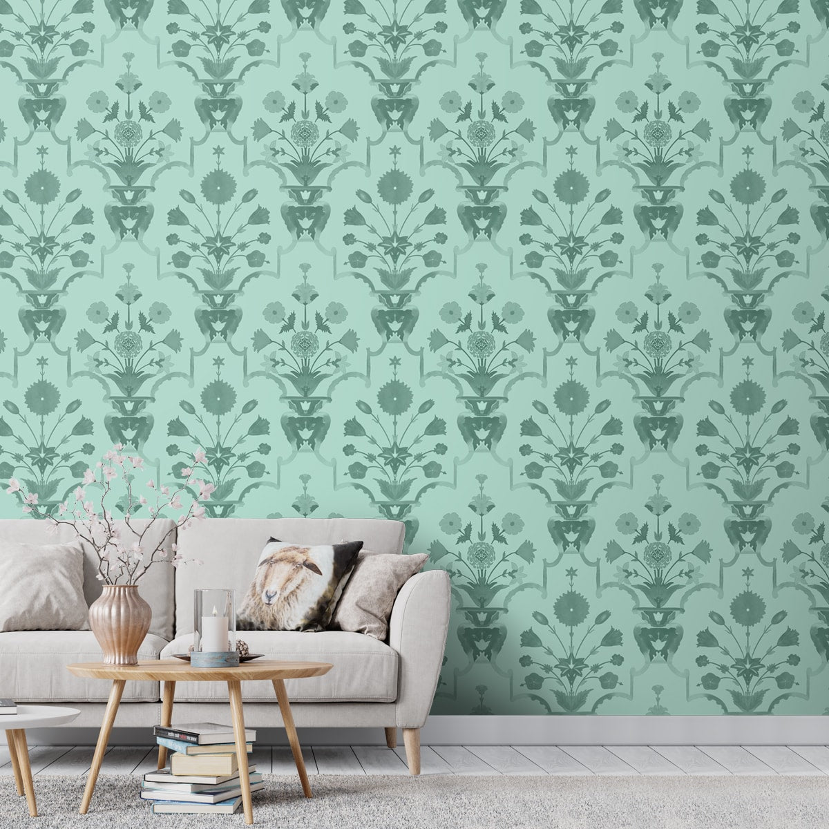Premium Green Mughal Pattern Design Wallpaper, Customised