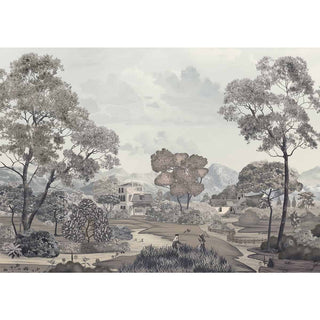 A close-up of the Sukoon wallpaper, highlighting the intricate hand-drawn details of the landscape, including the trees and cottages.