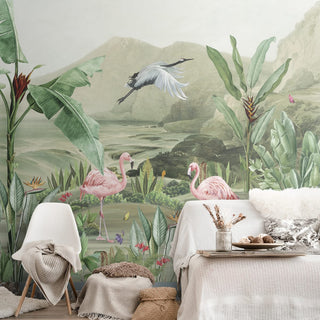 Tropical Jungle mural styled in a spa-like bathroom behind a freestanding white tub and minimalist vanity.