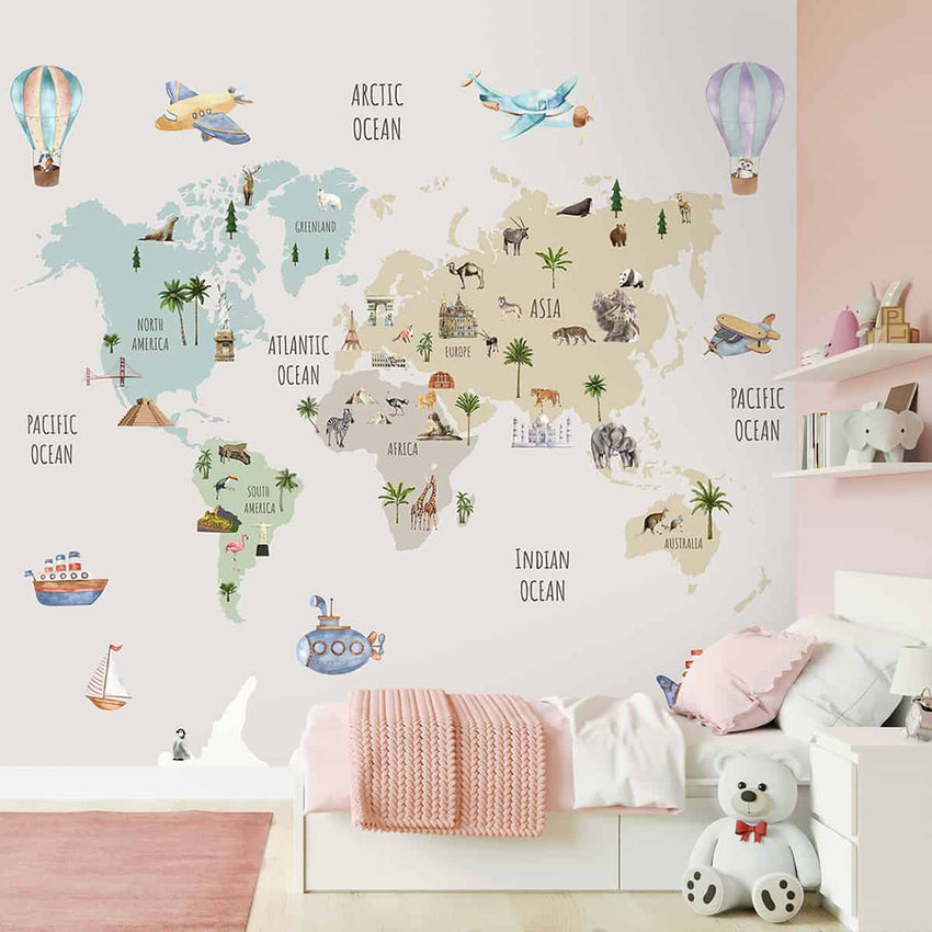 Pretty Pastel World Map Kids Wallpaper | Life n Colors