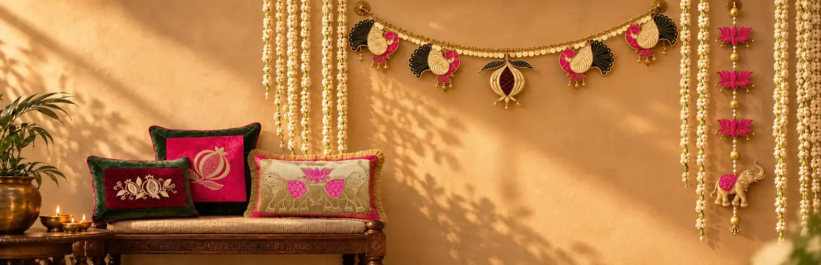 Festive wall with a peacock bandhanwar toran, lotus and elephant door hangings, jasmine garlands and embroidered silk cushions on a carved wooden bench