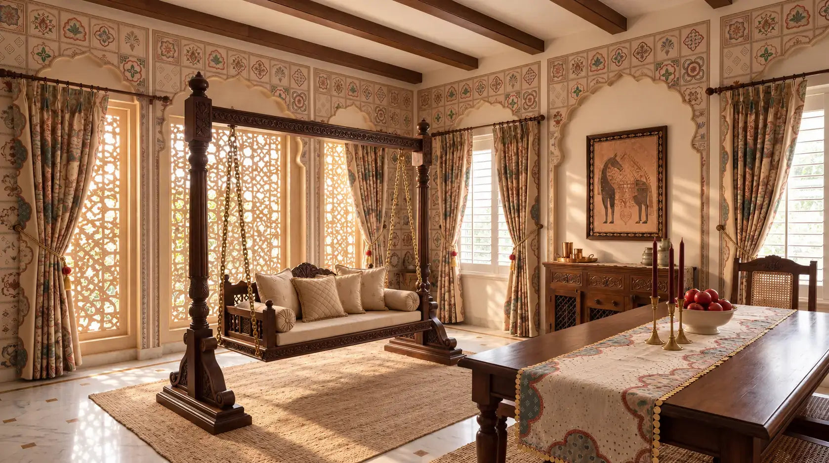Heritage room with a carved wooden swing, block-printed curtains, a horse wall art and a dining table with a printed runner